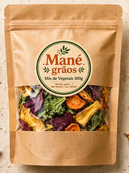 Pacote kraft da Mané Grãos com janela transparente e selo da marca: Mix de Vegetais, 100 g